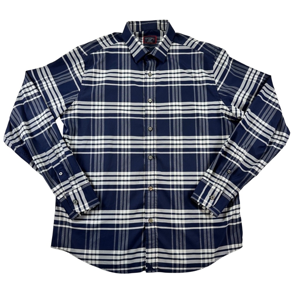 UNTUCKit Delucca Slim Fit Navy White Plaid Button Down Shirt Mens Large
